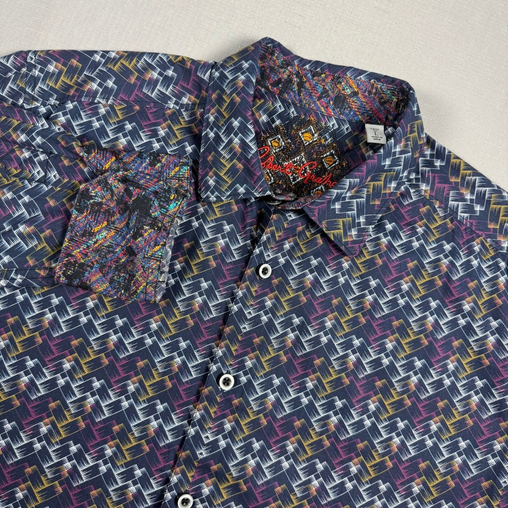 Robert Graham Mens Large Classic Fit Geometric Abstract Print Cotton Shirt Navy